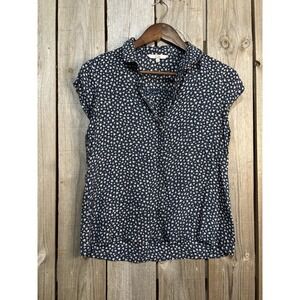 Navy Blue Ditsy Floral Blouse Women's Small Cottagecore Viscose Cap Sleeve Top